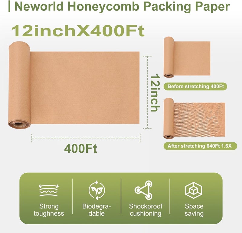 NEWorld ورق تعبئة على شكل خلية نحل، 12" × 400' لفافة فقاعية صديقة للبيئة للتغليف، ورق تغليف للمنتجات والهدايا، مادة تعبئة قابلة لإعادة التدوير مع 20 ملصق هش - Image 2